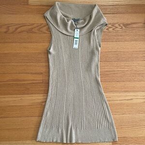 NWT Joseph A. Light Tan/Gold Shimmer Ribbed Knit Top Sleeveless Cowl Neck Size L